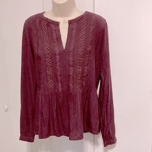 ANN TAYLOR LOFT Blouse Wine Burgundy Boho Bohemian Peasant Embroidered Womens XS - Picture 4 of 15